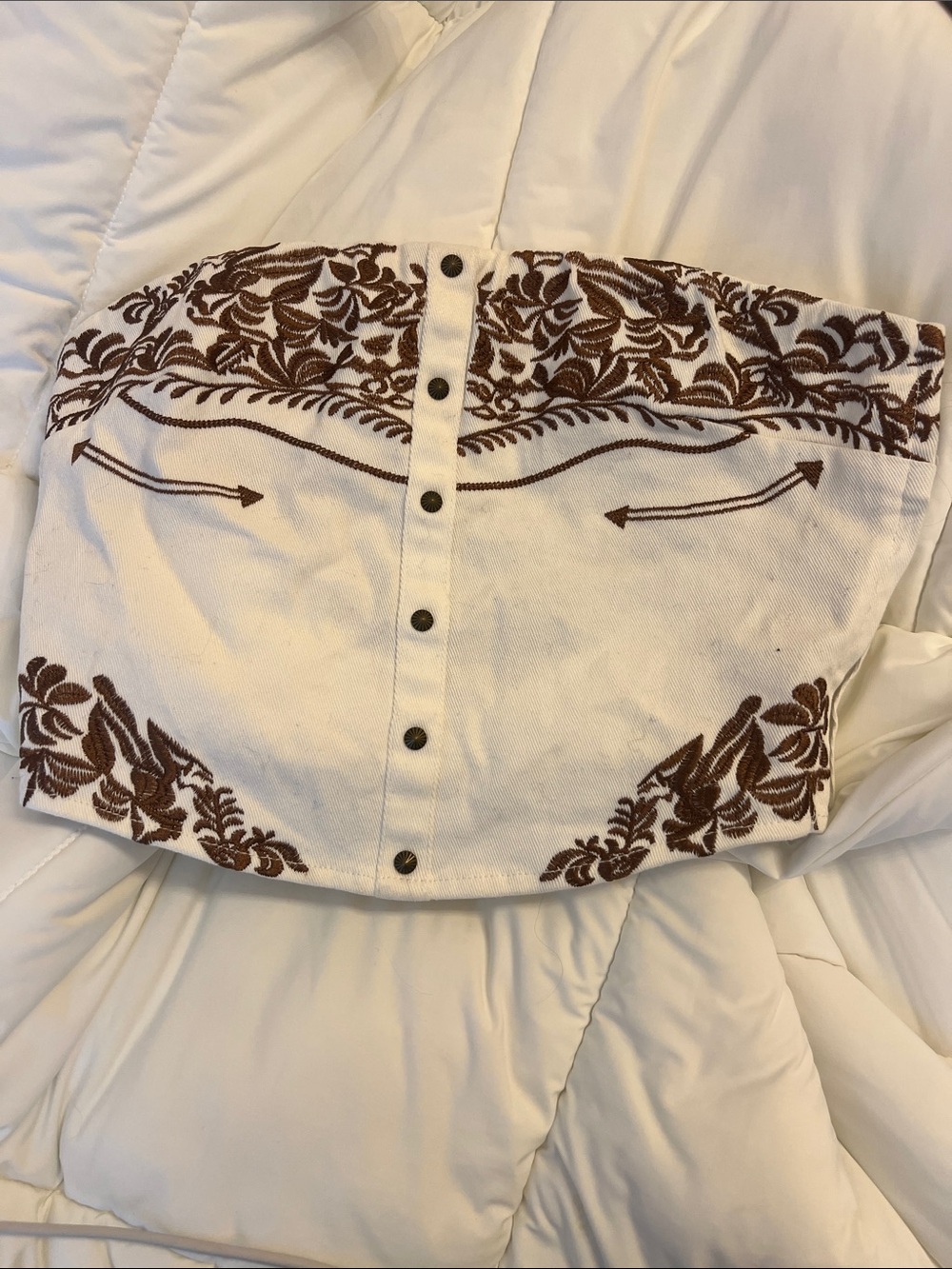 Embroidered Strapless Bustier Top - White with Brown Floral Detail